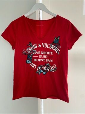 Zadig & Voltaire "Rive Droite Rive Gauche / Art is Truth" Red Graphic V-Neck Tee